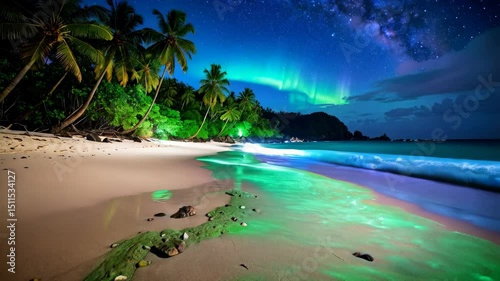 Nighttime tropical beach scenery with bioluminescent waves and green aurora borealis over the ocean sky with stars