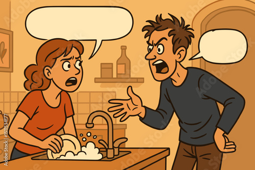 Young couple arguing in kitchen over chores during their disagreement  