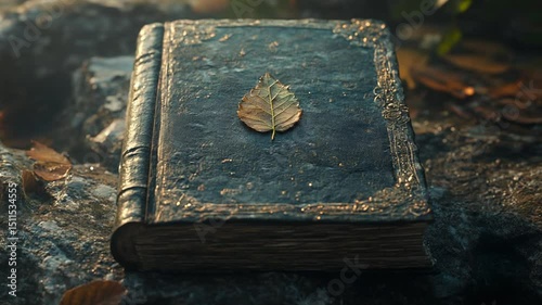 Ancient Book with Leaf Resting on Cover, Capturing the Essence of Vintage Literature
