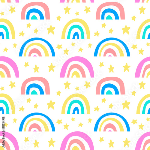 Cute doodle style seamless pattern with rainbows and stars