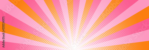 Trendy orange and pink pop art background. Comic style sun burst with halftone dots