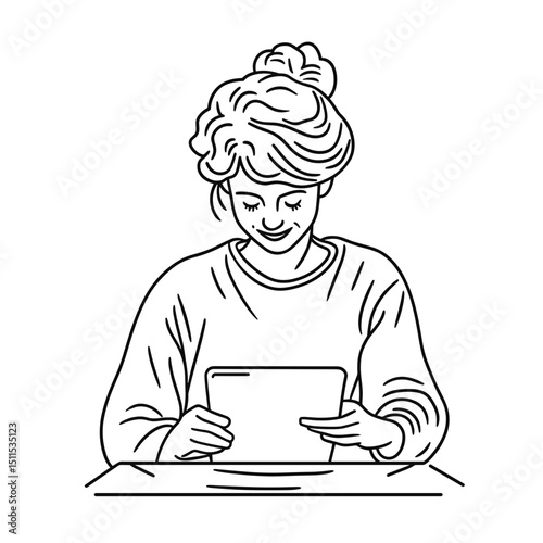 Young woman reading on tablet while sitting at a table at home  