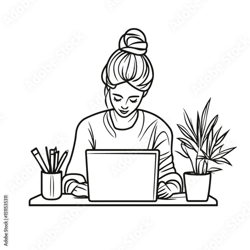 Young woman working on laptop at desk with plants in minimalist style  