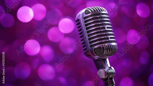 Classic Retro Microphone with Purple Bokeh Background Effect