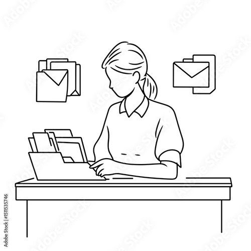 Young woman organizing documents at desk with envelopes and files - Concept of travel  