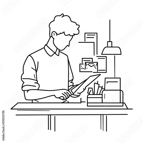 Young man reviewing documents while standing at a desk in an office - Concept of travel  