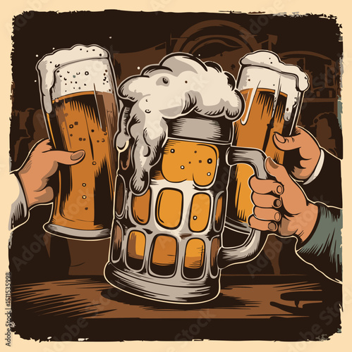 Ek festive scene jahan do haathon mein beer ke mugs takraye ja rahe hain, jisse foam nikal raha hai. Background mein Oktoberfest ka decoration aur bunting nazar aa rahi hai. Ye German festival celebra