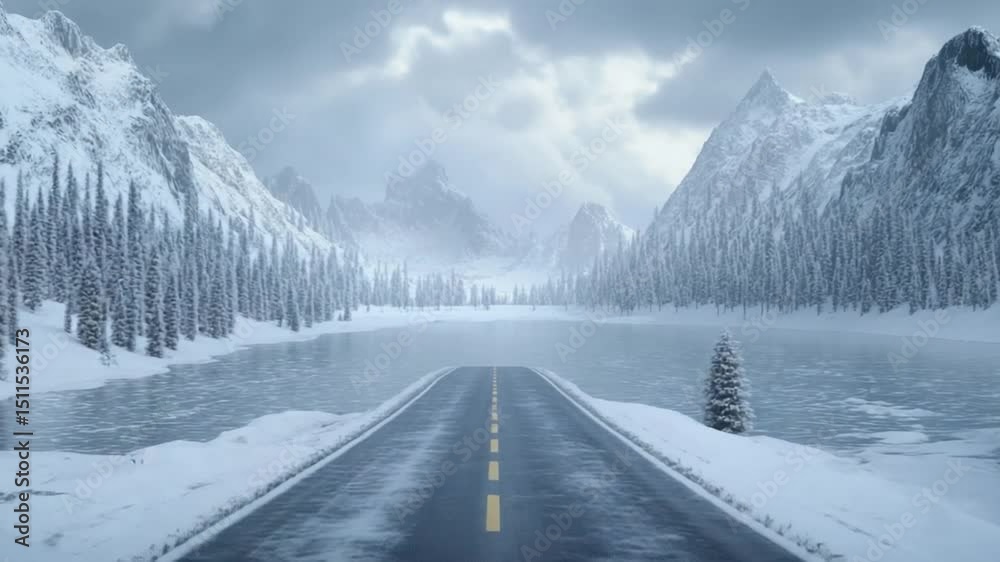 Picturesque journey: An empty road leads through a snowy mountain landscape with coniferous trees