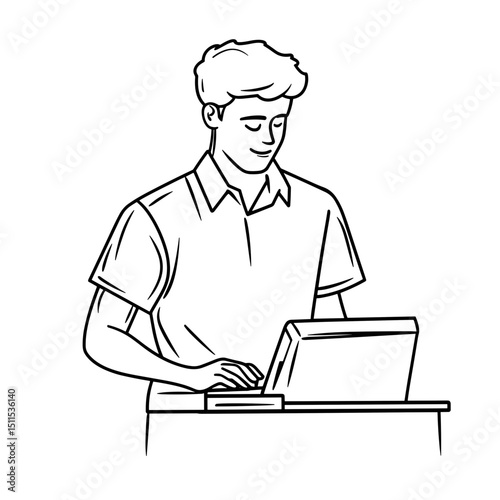 Young man using laptop while standing at desk in minimal style  