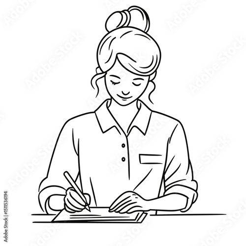 Woman writing with a pen on notepad in a minimalistic style  