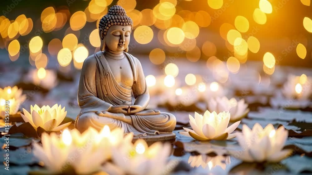 Buddha statue in lotus position surrounded by glowing water lilies and bokeh lights in background