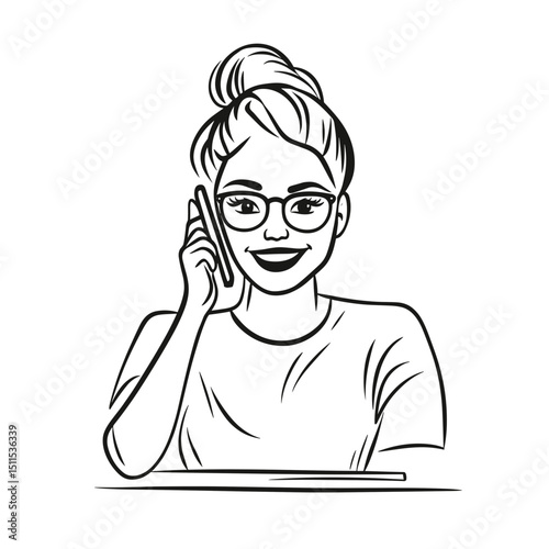 Young woman smiling while talking on the phone at a desk - Concept of travel  