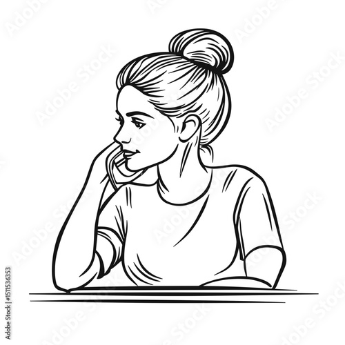 Young woman sitting thoughtfully with hand on chin in minimal style  