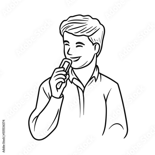 Young man smiling while holding snack in casual attire  
