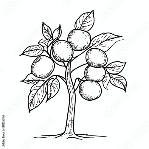 Apricot tree with fruit and leaves in black line art design