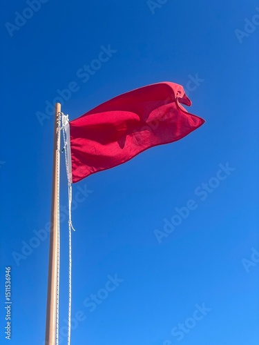 Bright red flag waving against a clear blue sky on a sunny day. A solitary red flag flutters in the wind, signaling a warning or important alert against a vibrant azure backdrop