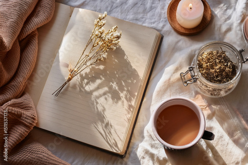 Flat lay of cozy morning scene with herbal tea, gratitude journal, and candle