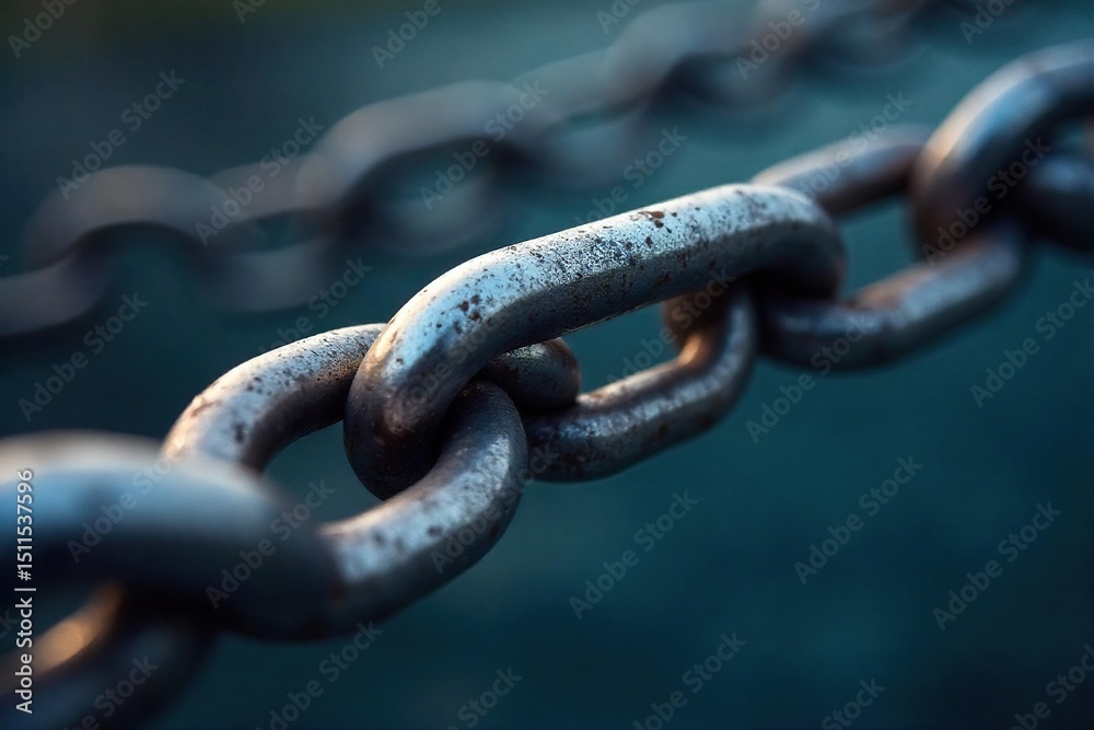 Close-up shot of a metallic chain link, symbolizing the strength and connection inherent in bonds Perfect for illustrating concepts of unity, stability, and interdependence , link, connection Close-up shot of a metallic chain link, symbolizing the strength and connection inherent in bonds Perfect for illustrating concepts of unity, stability, and interdependence , link, connection