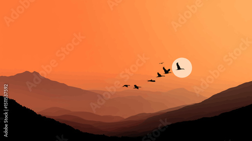 Sun and birds above mountain silhouette vector isolated on white background  -  