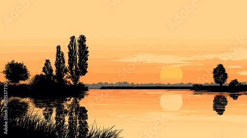 Sunrise lake illustration simple silhouette vector isolated on white background  -  