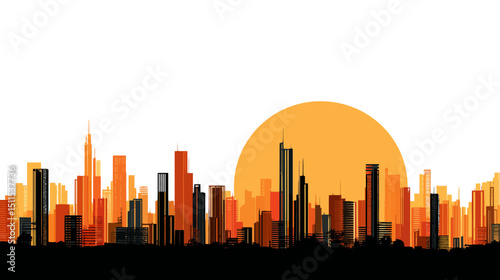 Sunset city illustration simple silhouette vector isolated on white background  -  