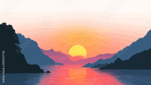 Sunrise lake illustration simple silhouette vector isolated on white background  -  