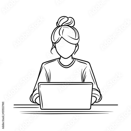 Young woman working on laptop at desk in minimal line drawing style  