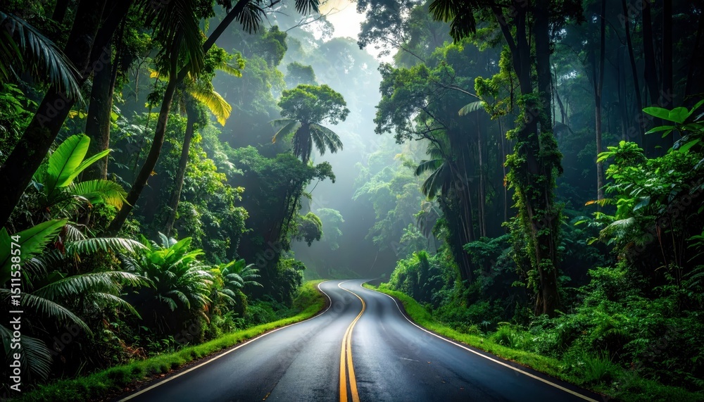 Fototapeta premium Winding Road Leading into Dense Jungle with Thick Humid Air
