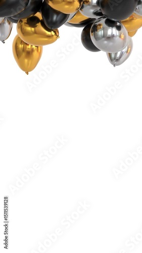 gold, silver and black helium balloons rising and blocking on the ceiling - 3D rendering