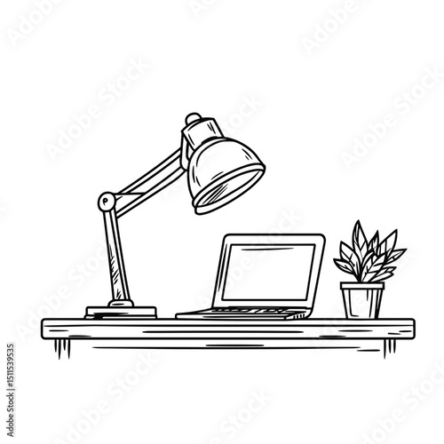 Desk lamp and laptop with potted plant on wooden table - Concept of travel  