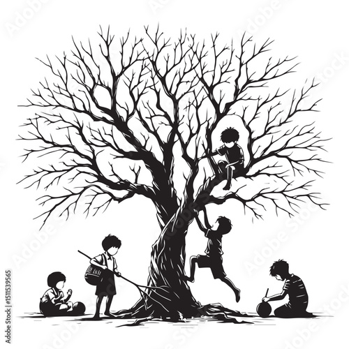 Children playing under a dry tree illustration vector