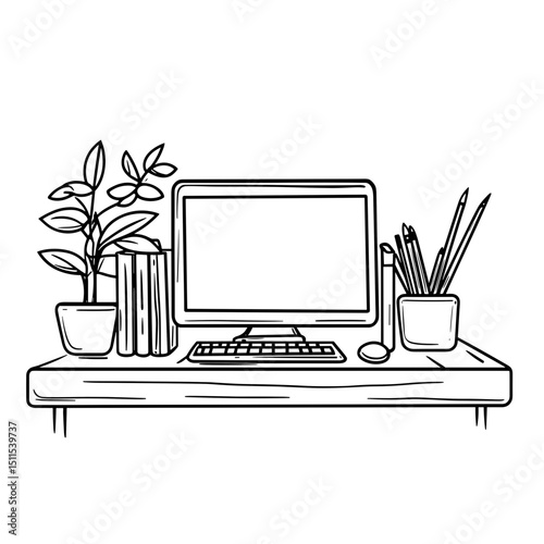 Desk organizer with computer, books, and plants in minimal style  