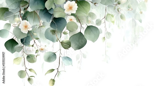 Eucalyptus and white flowers hanging on white background