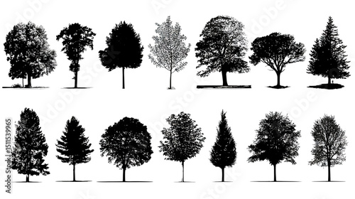Tree varieties simple black silhouette vector isolated on white background  -  