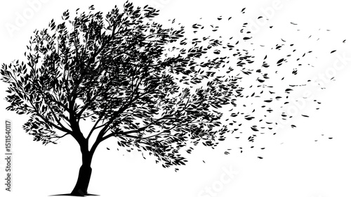 Tree with leaves blowing in wind silhouette vector isolated on white background  -  