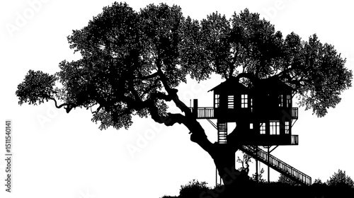 Treehouse silhouette vector isolated on white background  -  