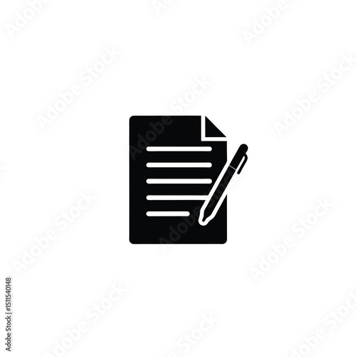 Black silhouette icon of a document with a pen or signature mark, flat vector on white background