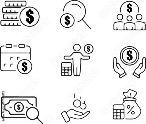 Vector line icons for finance, money management, and business. Concepts include budgeting, savings, investment, financial planning, analysis, and earnings