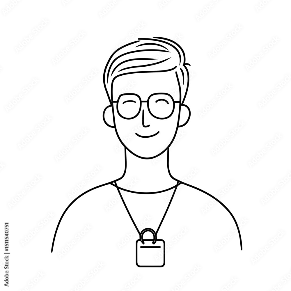 Fototapeta premium Young man wearing glasses with ID badge in a minimal line drawing style 