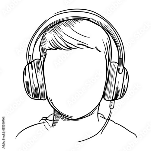 Line drawing of a young person wearing headphones for travel concept  