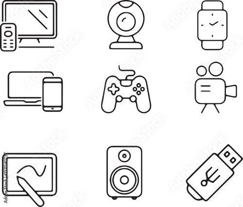 Vector line icons of modern technology and digital devices. Features consumer electronics like TVs, webcams, smartphones, gaming controllers, speakers, and data storage solutions
