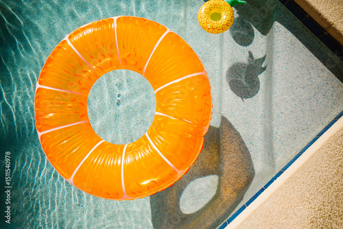 Orange pool float and pineapple cup in a sunlit swimming pool photo