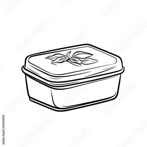 Rectangular lunch box with lid and leaf design, in line art style  