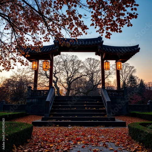 Garden podium surrounded by autumn leaves and decorative lanterns glowing softly, dusk setting in