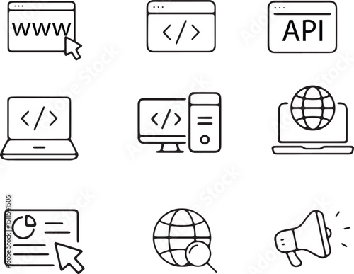 Vector line icons for web development, programming, IT solutions, and digital marketing. Concepts include API, internet services, software, online business, data, and global connectivity.