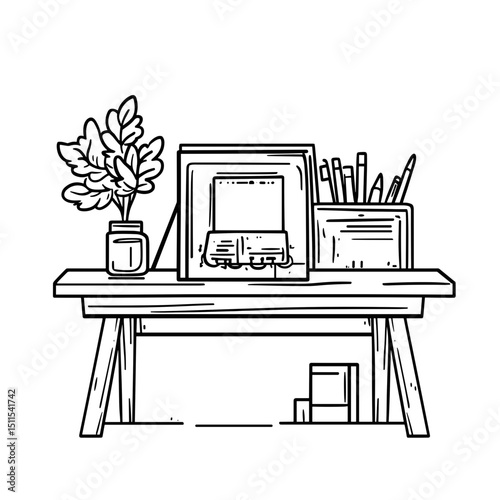 Minimalistic desk with decorative items and stationery in black line art  