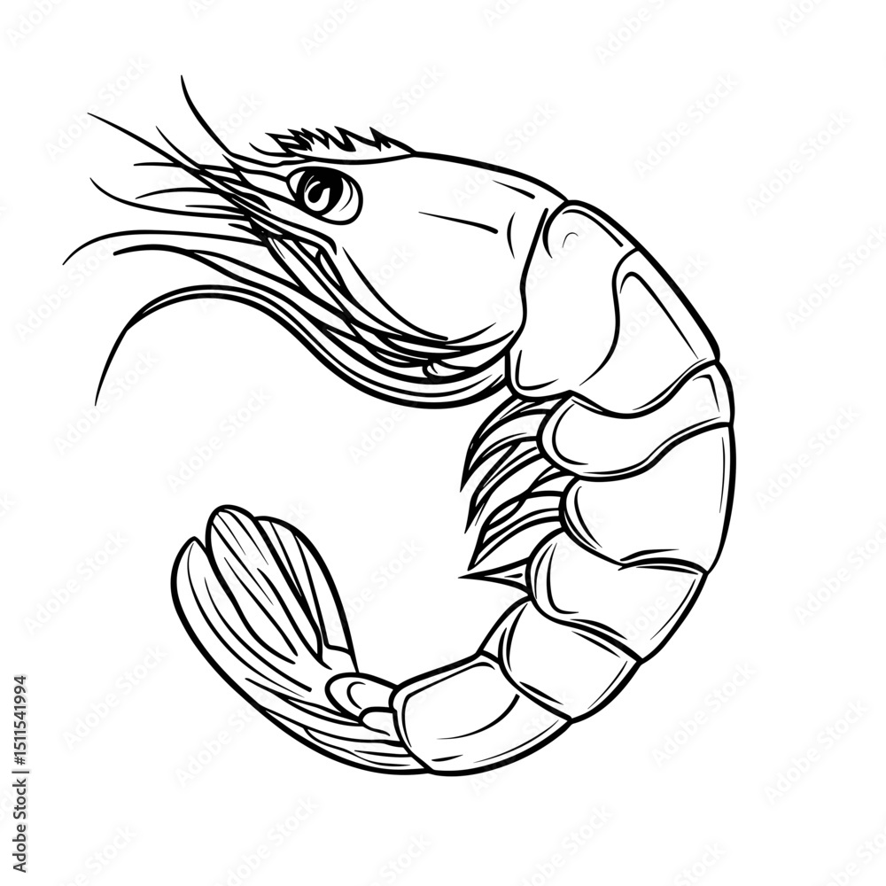 Obraz premium Linear illustration of shrimp sketch on a white background 