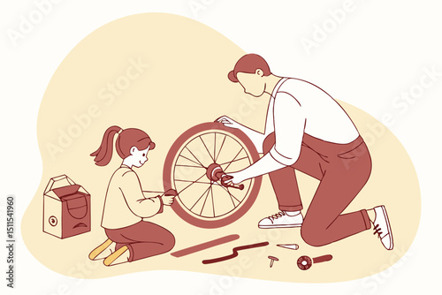 Father and daughter repairing bicycle wheel together