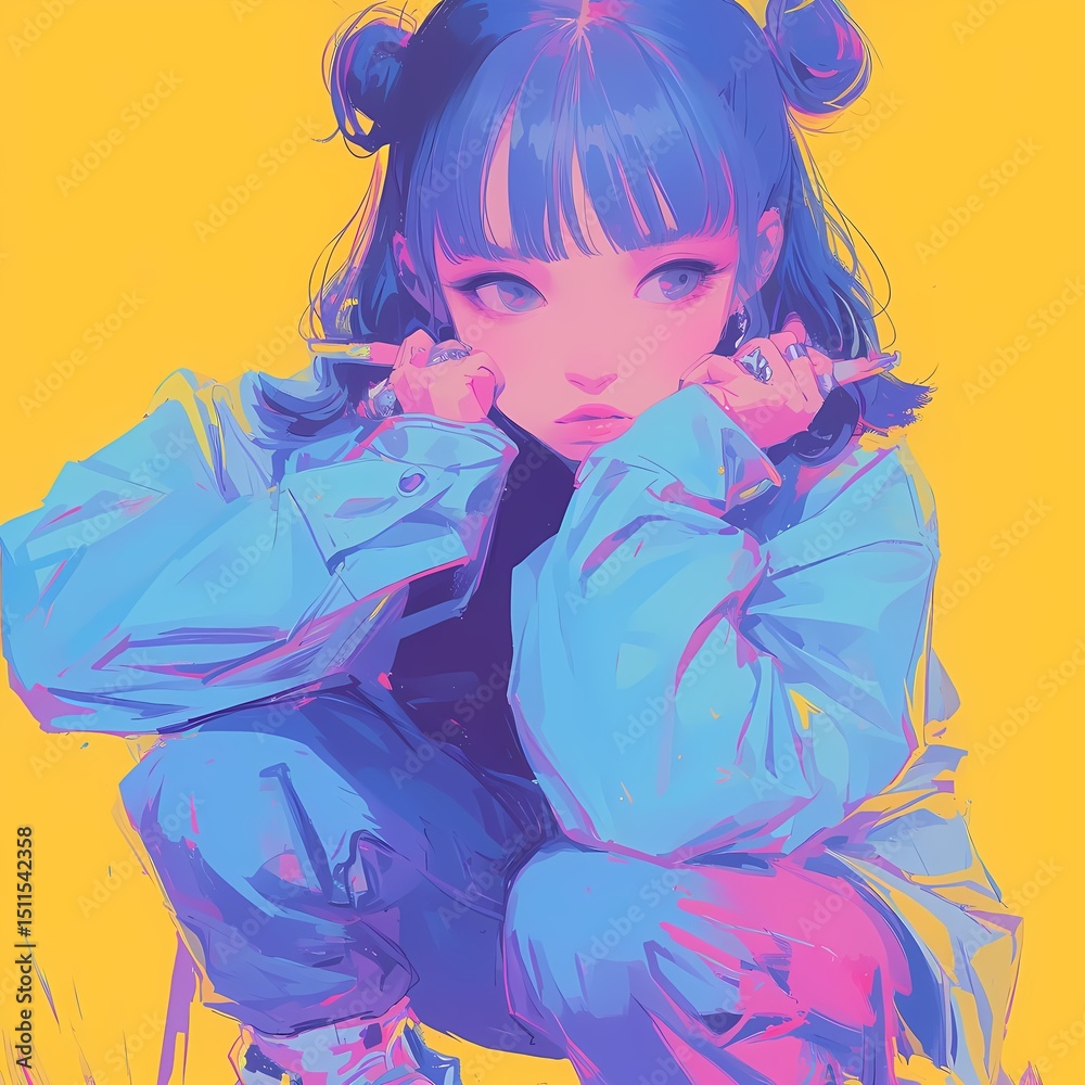 Young woman with blue hair and eyes adorned with rings and cigarette in yellow background Young woman with blue hair and eyes adorned with rings and cigarette in yellow background
