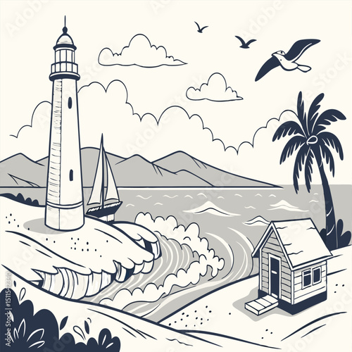 Nautical Coastal Illustration with Lighthouse, Sailboat, and Beach Hut